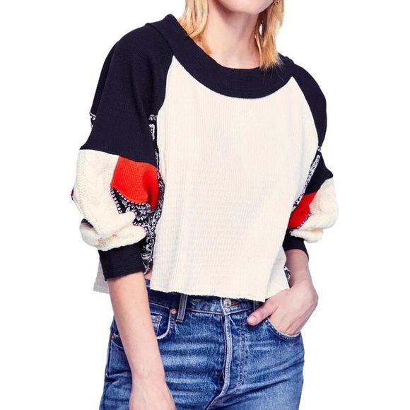 Free People Josie Patterned Mixed Knit Textured Cable Trim Top In Multi Size XS - Picture 1 of 7
